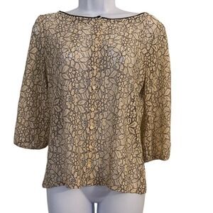ANN TAYLOR LOFT Petite Lace Overlay Top 3/4 Sleeve Boat Neck Cream Black